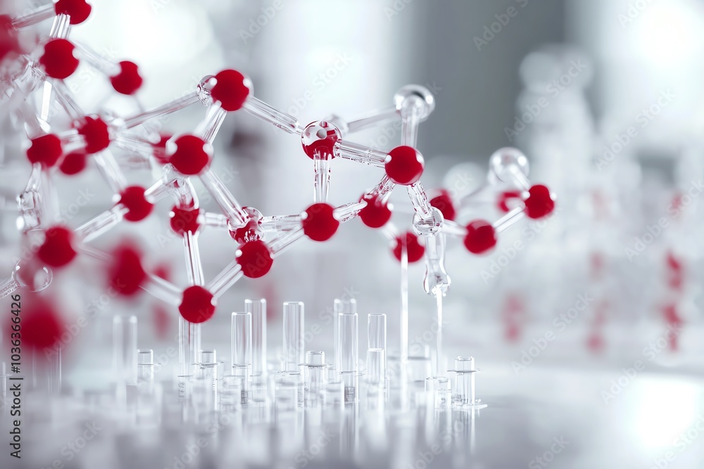 Poster close-up of a molecular model showcasing atoms and bonds in a laboratory setting, emphasizing scient
