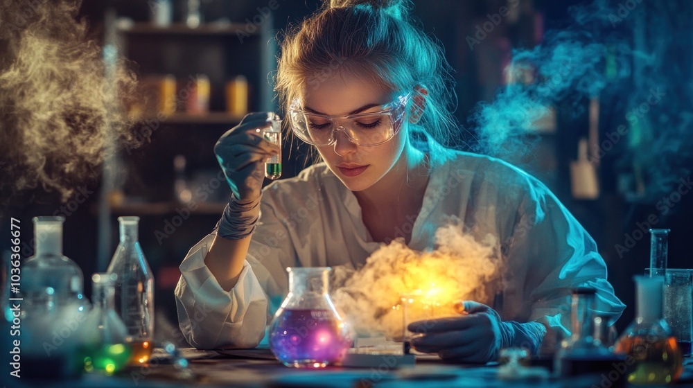 Poster a scientist conducts an experiment with colorful liquids in a dimly lit laboratory.