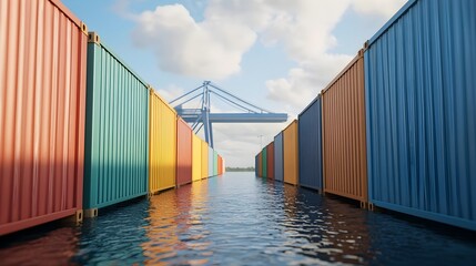Expansive Industrial Shipping Port with Colorful Container Rows and Overhead Cranes