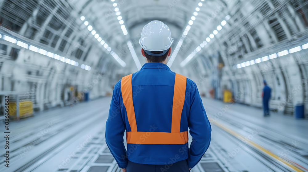 Wall mural worker in an industrial setting wearing safety gear, looking at the spacious environment, showcasing