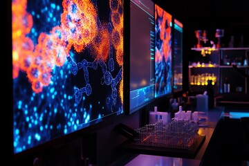 Futuristic laboratory with high-tech screens displaying vibrant molecular structures and digital data analytics, illuminating the dark room.