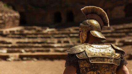 Fototapeta premium Bold Gladiator Warrior in Ancient Arena with Ultra-Detailed Costume and Makeup