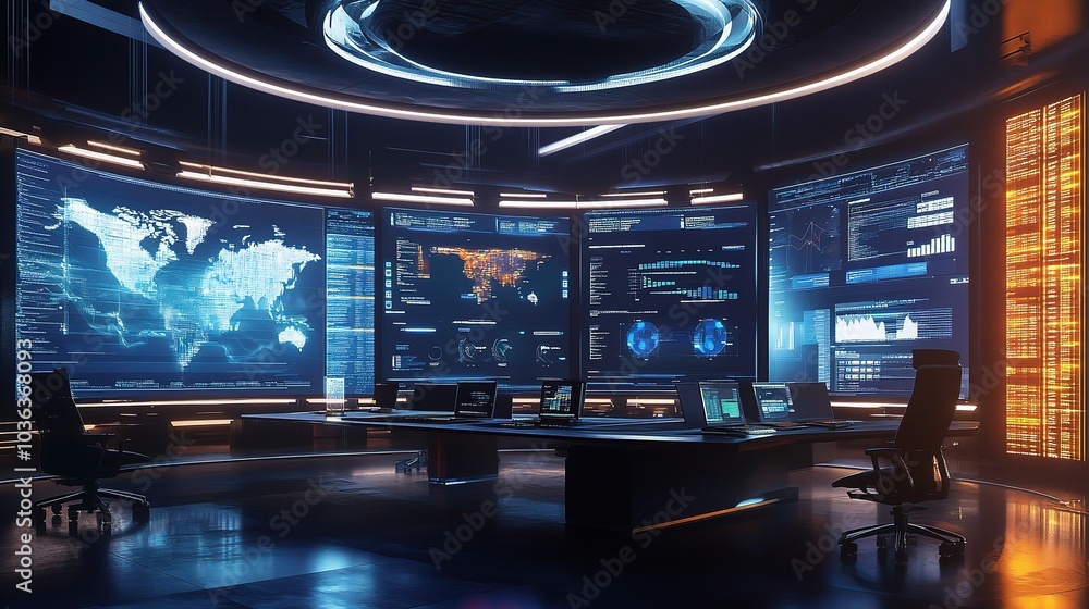 Poster modern control room with data visualizations