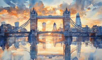 Naklejka premium Watercolor Aerial front view of the Tower Bridge of London with the skyline behind reflecting the golden sunrise light, England