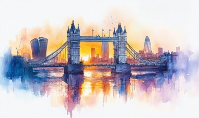 Obraz premium Watercolor Aerial front view of the Tower Bridge of London with the skyline behind reflecting the golden sunrise light, England