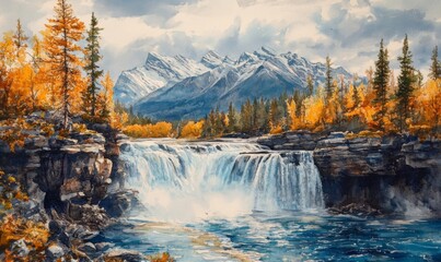 Watercolor Athabasca Falls Jasper National Park