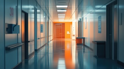 Hospital hallway with empty office rooms, modern design