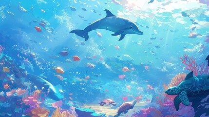 Fototapeta premium Vibrant underwater scene with dolphins and sea turtles 