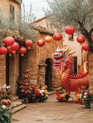 Fototapeta premium Vibrant Red Dragon Parade with Lanterns in Quaint Cobblestone Alley Surrounded by Colorful Flowers, Cultural Festival Celebration in Traditional Village Setting