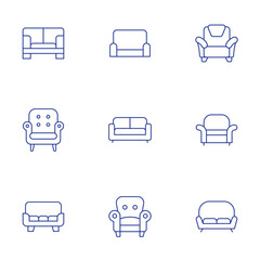 Sofa icons set. Thin Line style, editable stroke. armchair, couch, sofa.