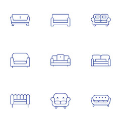 Sofa icons set. Thin Line style, editable stroke. sofa, couch, seater sofa, sofa bed
