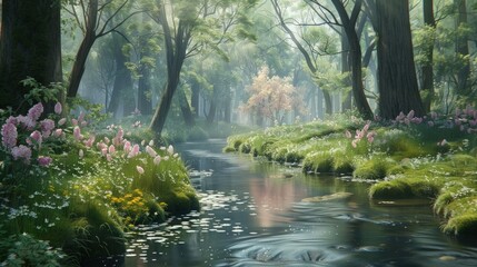 Obraz premium Tranquil River Flowing Through a Misty Forest