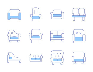 Sofa icons. Line Duotone style, editable stroke. armchair, couch, sofa, chaise longue, chair