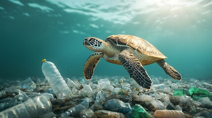 Obraz premium A striking underwater scene of a sea turtle navigating through ocean plastic pollution highlighting the urgency for marine conservation