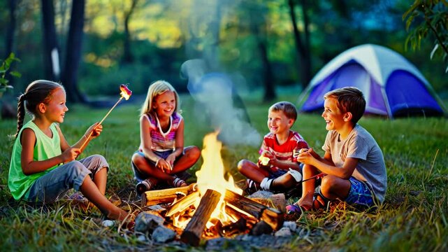 Children Enjoying Campfire with Marshmallows in Outdoor Summer Camping
