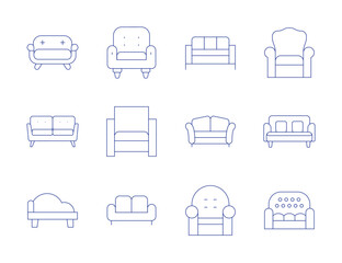 Sofa icons. Thin Line style, editable stroke. armchair, couch, sofa.