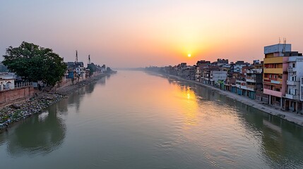 Naklejka premium Serene sunset over the calm river a beautiful reflection of nature and urban life in harmony