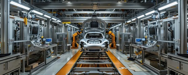 Automobile manufacturing assembly line with modern robotic technology, industrial setting