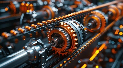 Fototapeta premium Close-up of mechanical gears and chains with orange highlights on a dark background.