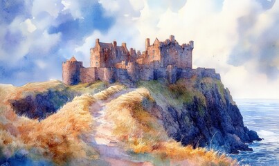 Fototapeta premium Watercolor Dunnottar Castle is a ruined medieval fortress located upon a rocky headland on the north-eastern. The Castle is open to the public all year