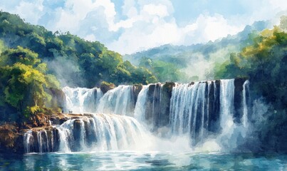 Naklejka premium Watercolor Shifen Taiwan Waterfalls National Park Beautiful waterfalls, abundant, many foreigners come to visit