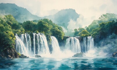 Fototapeta premium Watercolor Shifen Taiwan Waterfalls National Park Beautiful waterfalls, abundant, many foreigners come to visit
