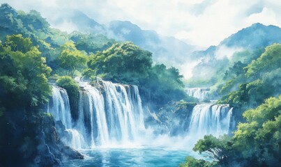 Fototapeta premium Watercolor Shifen Taiwan Waterfalls National Park Beautiful waterfalls, abundant, many foreigners come to visit