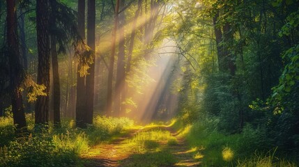 Obraz premium Sunlight Filtering Through Trees in a Foggy Forest