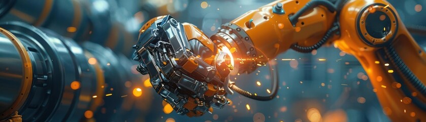 Industrial robotic arm with glowing elements, working in a futuristic environment.