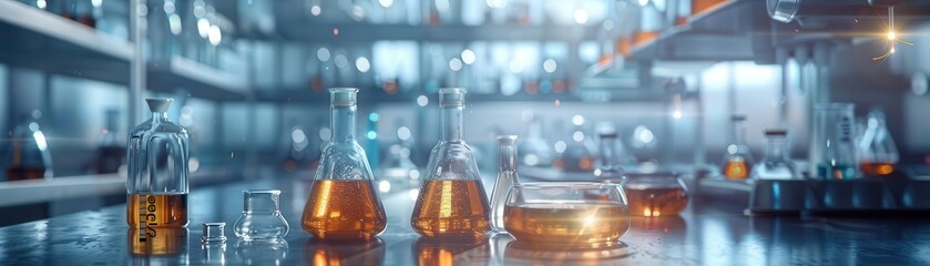 Laboratory scene with glass beakers and flasks filled with colorful liquids.