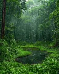 Lush Green Jungle Scene with Tranquil Pond, Tall Trees, Dense Vegetation and Tropical Forest Atmosphere, Capturing Nature's Serenity, Peaceful Rainforest Vibes