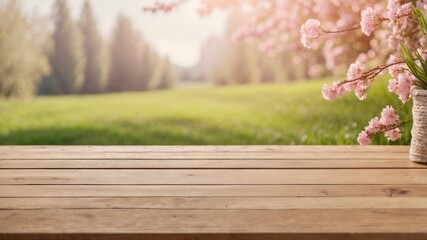 wooden table for product display and presentation with pink flowers and blurry pine trees in background
