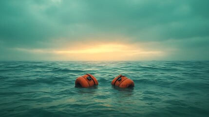 Obraz premium The striking contrast of resilient life preservers against the tranquil ocean horizon at dawn