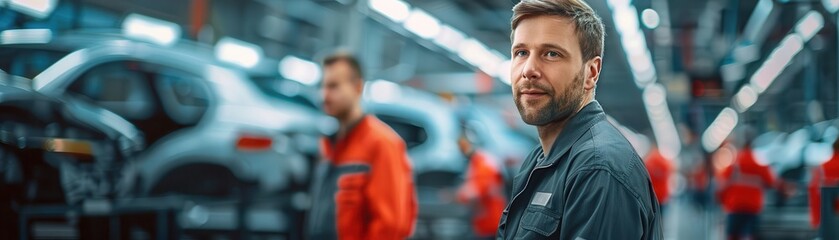 Male worker in automotive manufacturing with colleagues in background, factory setting.