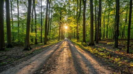 Naklejka premium Sunlit Path Through a Lush Forest