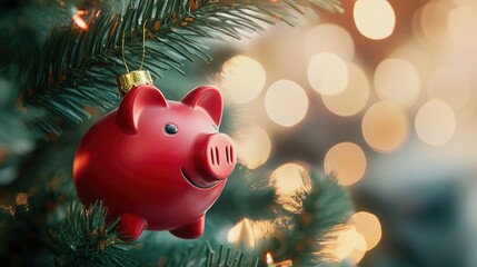 Piggy bank christmas decoration hanging on a Christmas tree branch. Seasonal savings and costs
