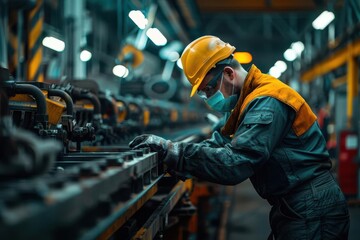 Worker in helmet and mask operates machinery in a modern industrial setting.