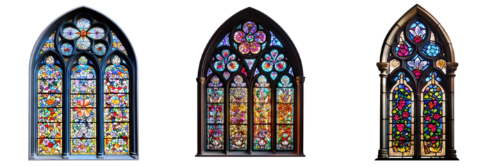 A stained glass window with vibrant colors depicting an intricate floral design, isolated on a transparent background