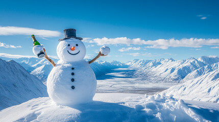 Obraz premium Celebrating National Champagne Day with a cheerful snowman in a winter wonderland