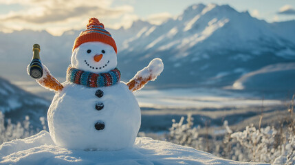 Obraz premium A festive snowman celebrating National Champagne Day in a snowy mountain landscape