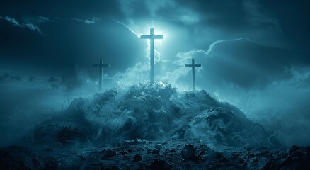 Fototapeta premium Dramatic Sky over Golgotha Hill with Three Crosses Symbolizing Jesus Christ's Crucifixion, Resurrection and Majestic Clouds with God Rays