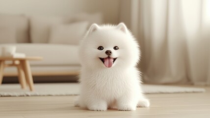 Fluffy white Pomeranian puppy sitting happily on a wooden floor, cozy interior setting.