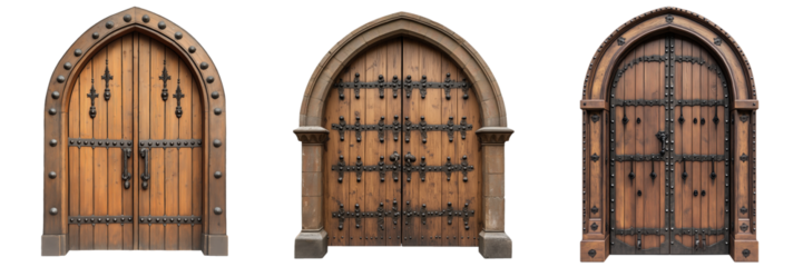 A large arched wooden door with iron studs and a Gothic design, isolated on a transparent background