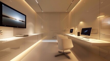 Minimalist tech area, soft lighting
