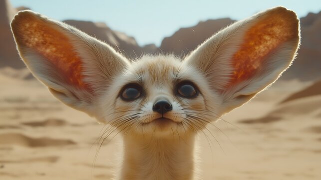Close-up Portrait of a Curious Fennec Fox with Large Ears in a Desert Landscape.