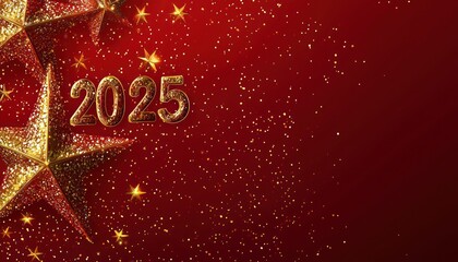 Festive New Year design with bold red background and "2025" in golden stars.