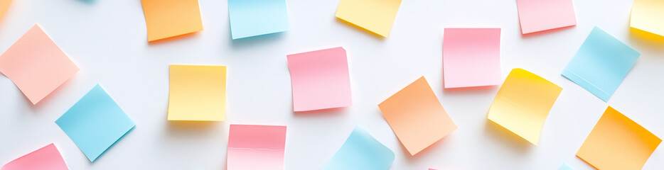 Fototapeta premium Sticky Note Post It Board Office. Business people meeting at office and use post it notes to share idea. Brainstorming concept. Sticky note on glass wall or blackboard. Set of colorful blank notes.