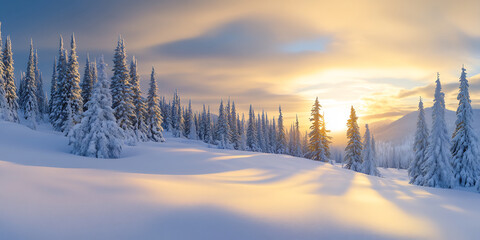Obraz premium Beautiful winter landscape with snow-covered pine trees basking in the golden glow of the rising sun, casting long shadows across the untouched snow