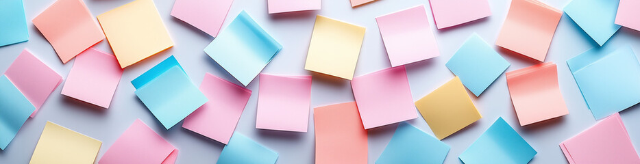 Fototapeta premium Sticky Note Post It Board Office. Business people meeting at office and use post it notes to share idea. Brainstorming concept. Sticky note on glass wall or blackboard. Set of colorful blank notes.