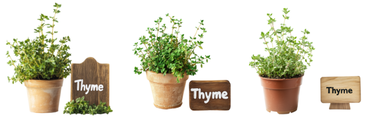 A decorative wooden garden marker with the word "Thyme" written on it, placed next to a small potted basil plant, isolated on a transparent background